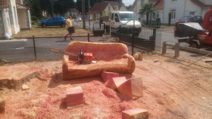 Banc sculpté directement dans un tronc d'arbre couché, à la tronçonneuse.